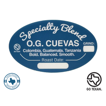 Load image into Gallery viewer, The O.G. Cuevas Blend pays homage to the &quot;Original Gangsta&#39;s&quot; of Cuevas Coffee.  This signature blend coffee is created from a mixture of our Colombia, Guatemala and Tanzania Single Origin coffees, which when roasted together creates an amazingly bold and smooth tasting coffee with distinct flavor notes from all three of the O.G. coffees.
